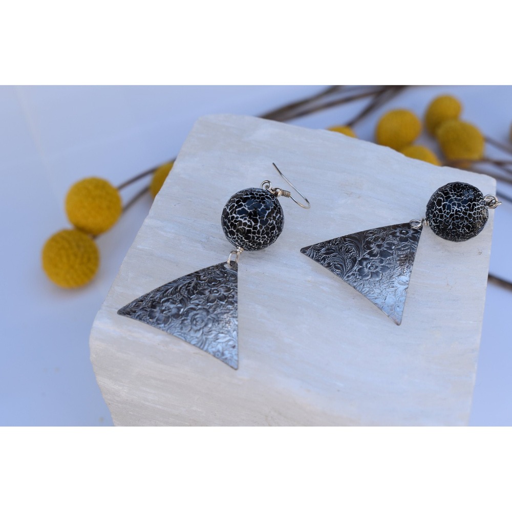 Silver Triangle Marbled Black Agate Floral Pattern Dangle Statement Earrings